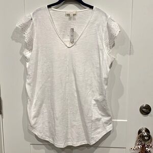 NWT, Suzanne Betro, White V-neck, Lace Eyelet sleeves, Ruching to Back, XL.